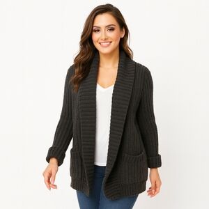 J.Crew Chunky Knit Black Cotton Shawl Collar Cardigan